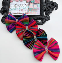 Load image into Gallery viewer, Serape Bow - Serape Girls Bows - Mexican Fiesta Bow - Serape Fiesta Bow - Serape Birthday Bow - Cinco De Mayo Bow - Rainbow Bow
